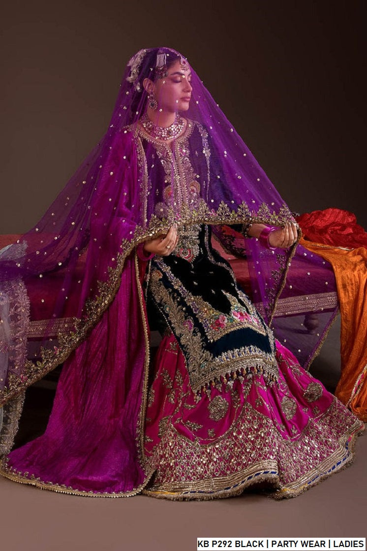 Pakistani women's black velvet embroidered suit back view