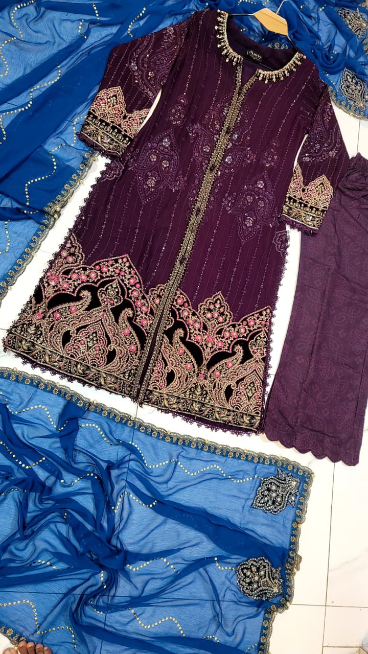 Pakistani women's purple organza A-Line shirt back view