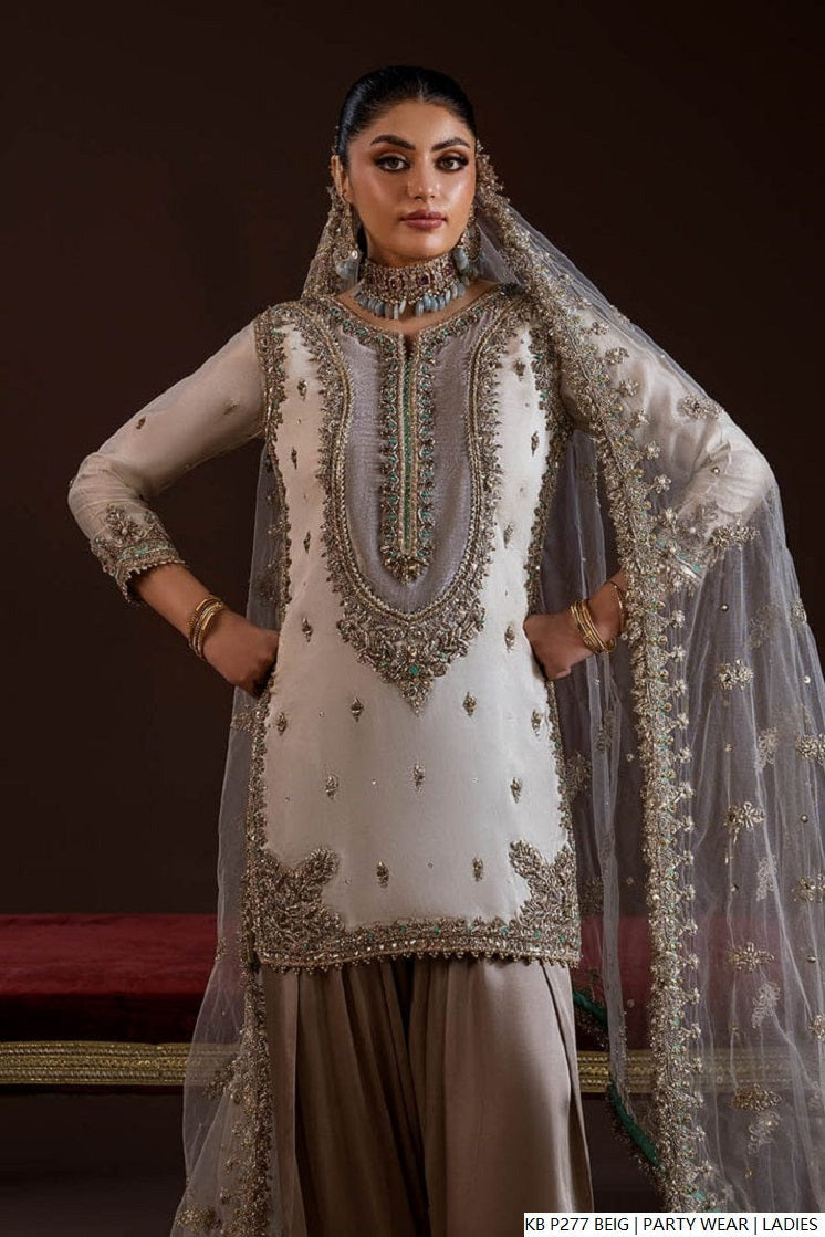 Pakistani women's beige hand embroidered luxury short suit full view