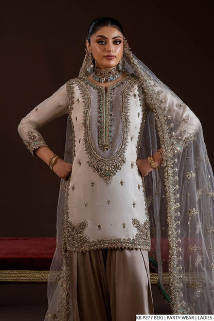 Pakistani women's beige hand embroidered luxury short suit full view