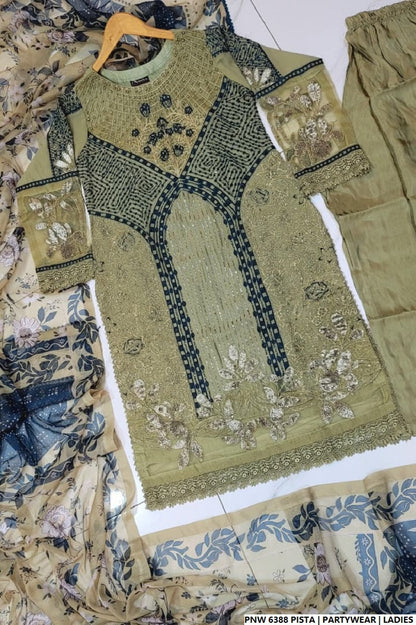 Pakistani women's pista green chiffon straight shirt plazo full view