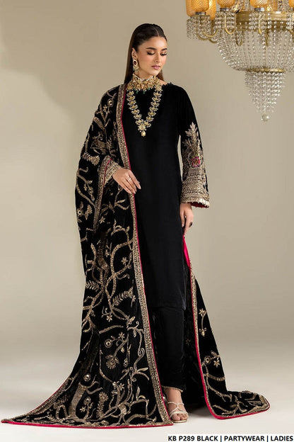 Velvet hand embroidered luxury suit black - Pakistani women's bridal winter formal wear with embroidered dupatta front view