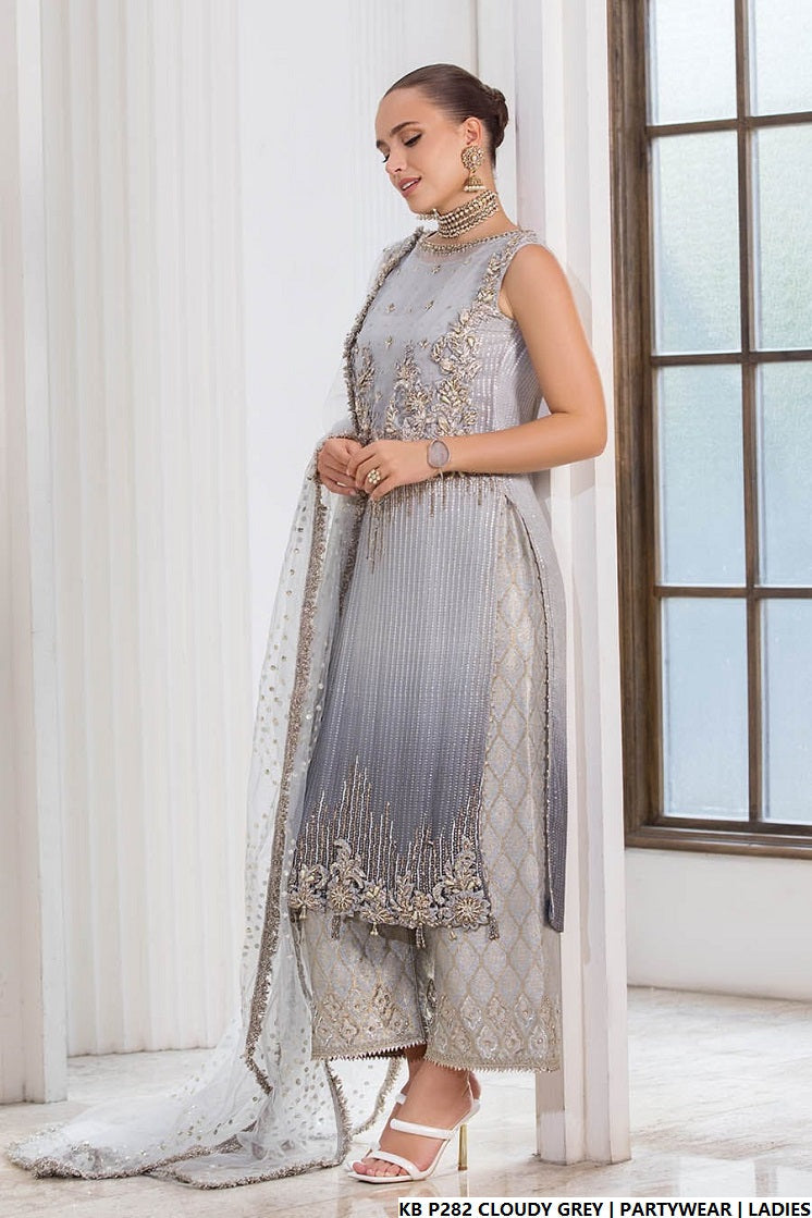 Pakistani women's cloudy grey hand embroidered luxury suit back view