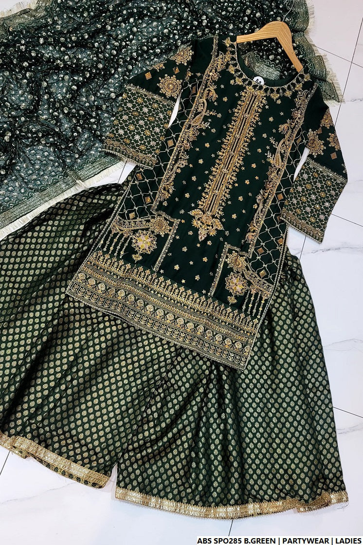 Bottle green chiffon Pakistani women's straight shirt with plazo side view