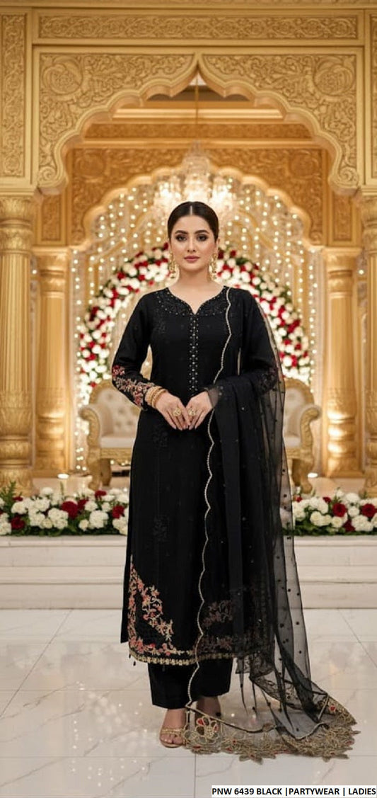Chiffon straight shirt black - Pakistani women's casual party wear with viscose trouser and chiffon dupatta front view