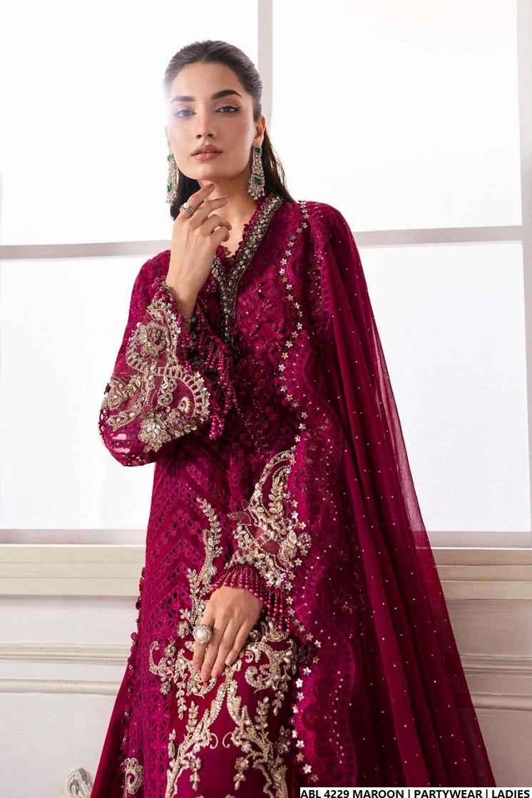 Pakistani women's maroon organza A-Line shirt detail view