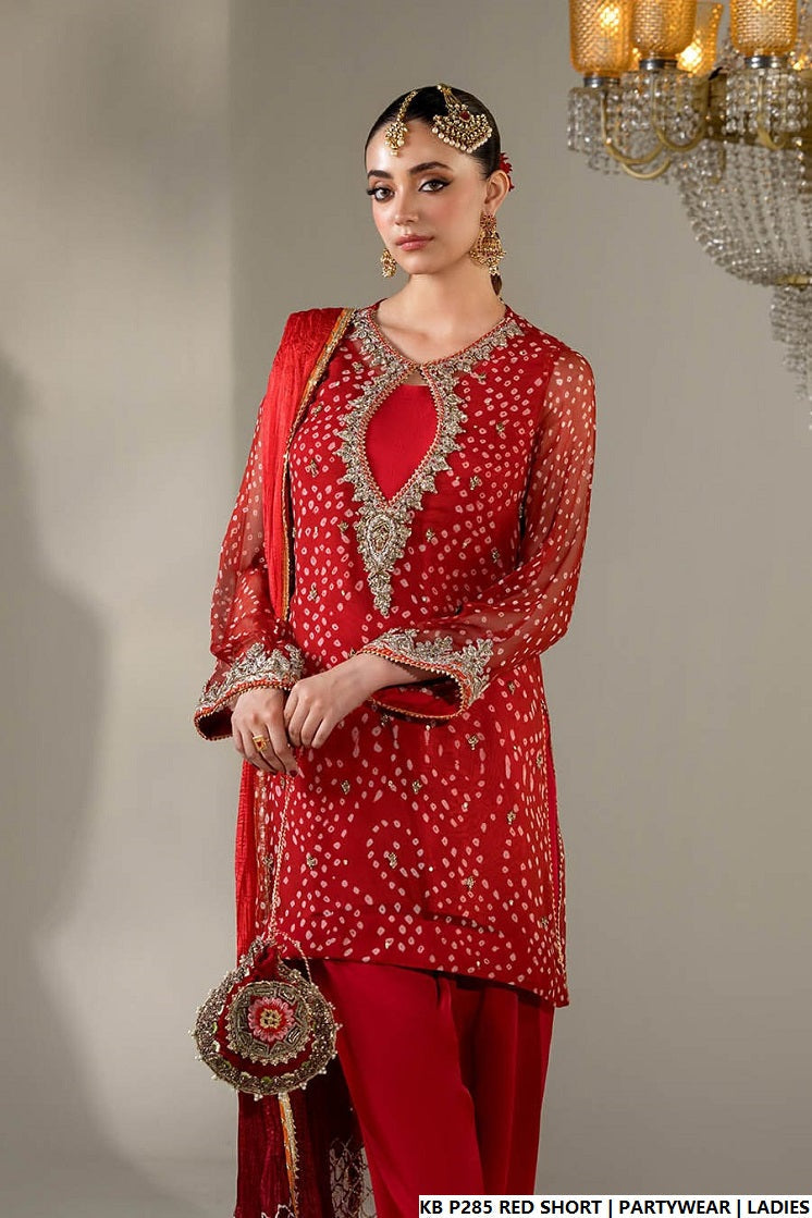 Pakistani women's red hand embroidered luxury short suit back view