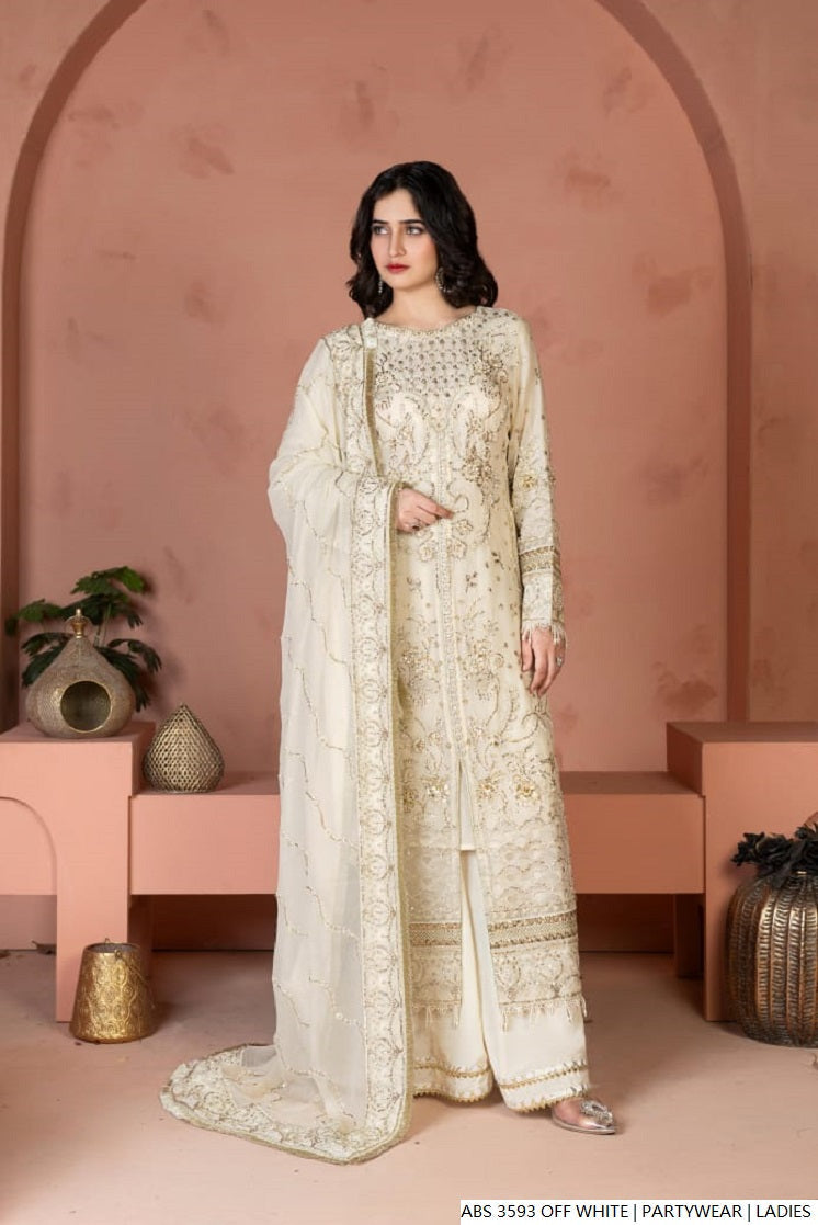 Chiffon straight shirt off white - Pakistani women's elegant formal wear with viscose trouser and chiffon dupatta front view