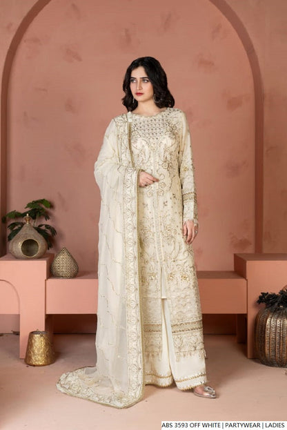 Chiffon straight shirt off white - Pakistani women's elegant formal wear with viscose trouser and chiffon dupatta front view