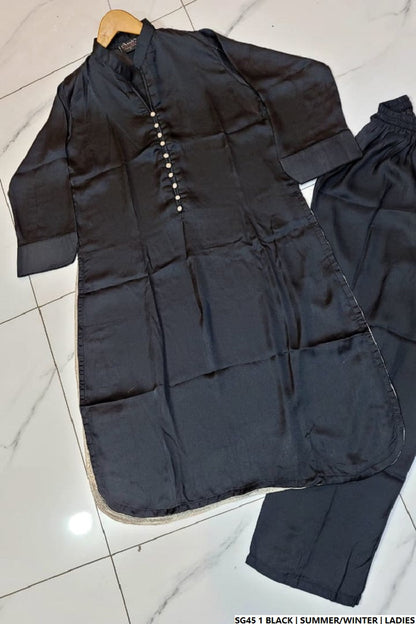Pakistani women's black silk A-Line shirt back view