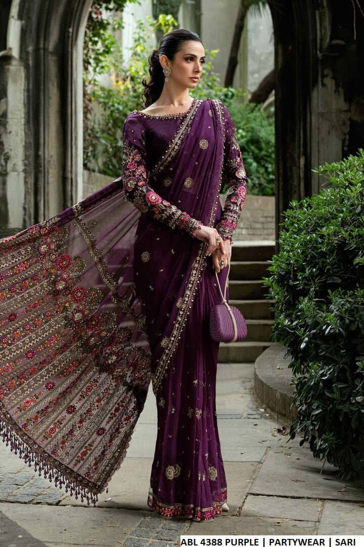 Chiffon straight shirt purple - Pakistani women's elegant formal wear with grip trouser and chiffon dupatta front view