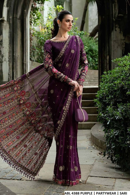 Chiffon straight shirt purple - Pakistani women's elegant formal wear with grip trouser and chiffon dupatta front view
