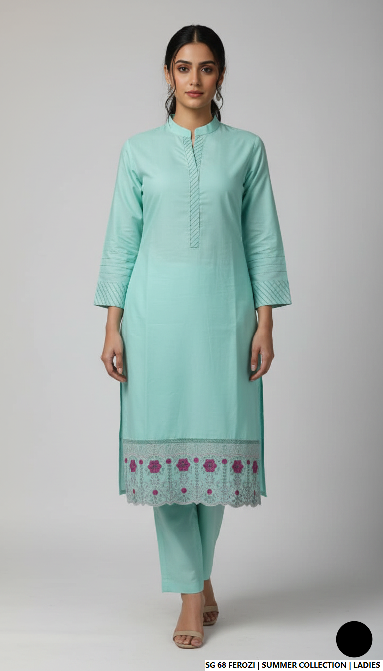 Lawn 2-piece ferozi - Pakistani women's casual summer outfit with cotton trouser and lawn dupatta front view