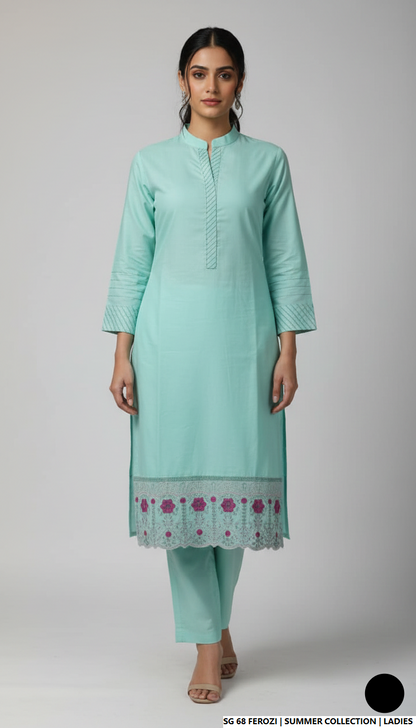 Lawn 2-piece ferozi - Pakistani women's casual summer outfit with cotton trouser and lawn dupatta front view
