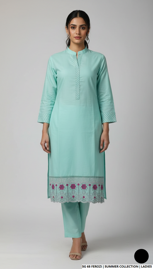 Lawn 2-piece ferozi - Pakistani women's casual summer outfit with cotton trouser and lawn dupatta front view