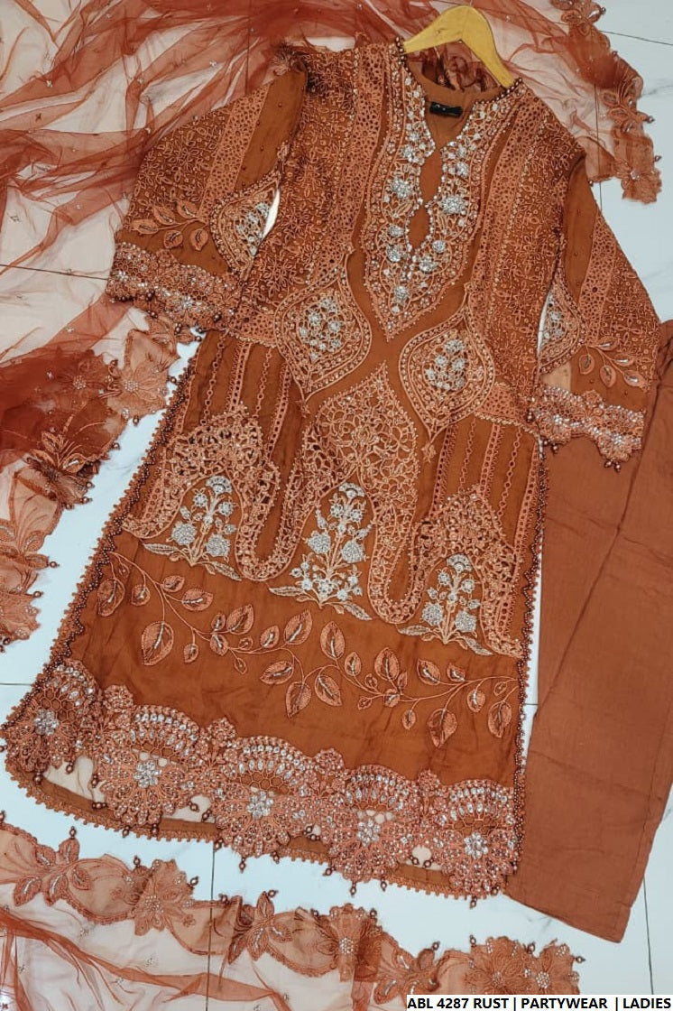Pakistani women's rust organza A-Line shirt back view