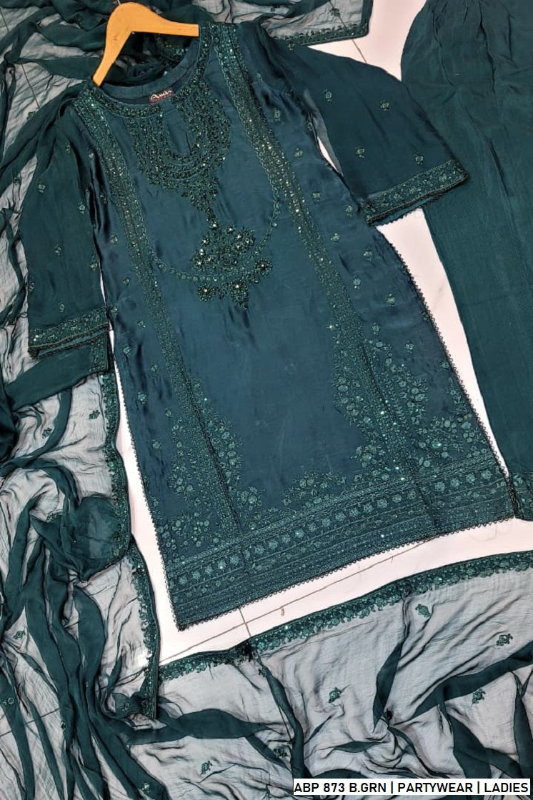 Pakistani women's bottle green silk straight shirt back view