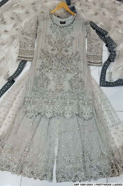 Pakistani women's grey silk short shirt detail view