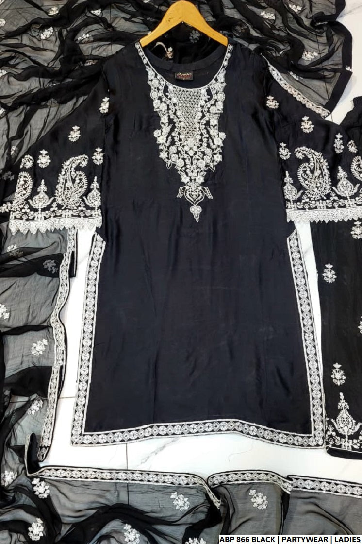 Silk straight shirt black - Pakistani women's formal party wear with silk trouser and chiffon dupatta front view