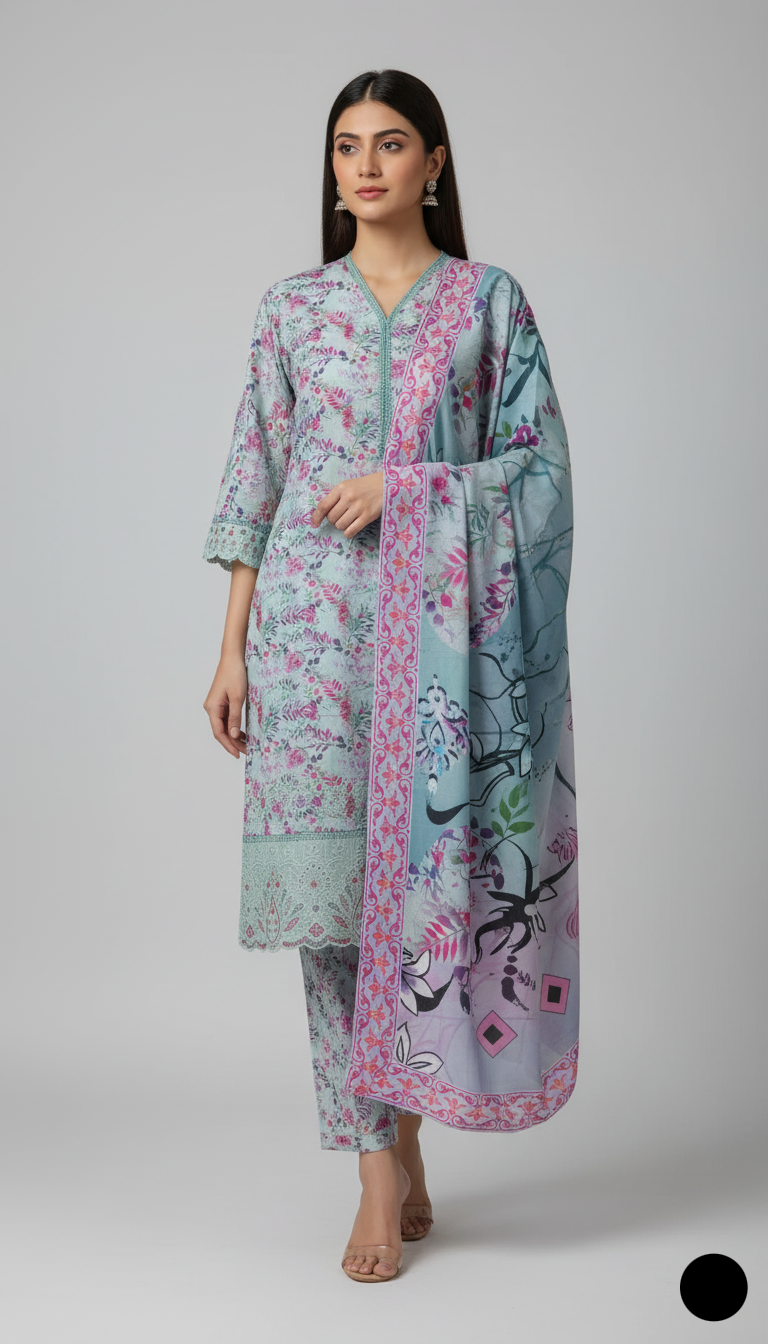 Lawn A-Line printed shirt - Pakistani women's casual summer outfit with cotton trouser front view