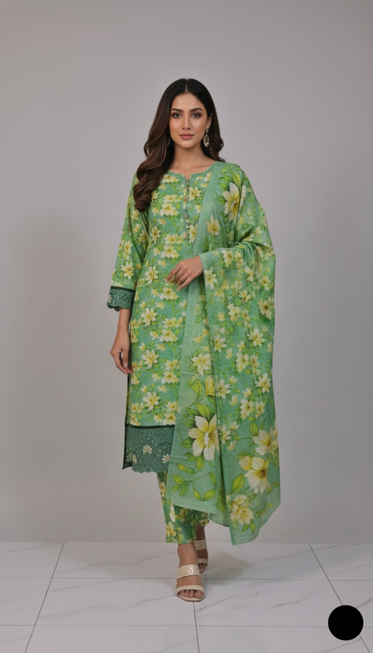 Lawn A-Line printed shirt - Pakistani women's casual summer outfit with cotton trouser front view