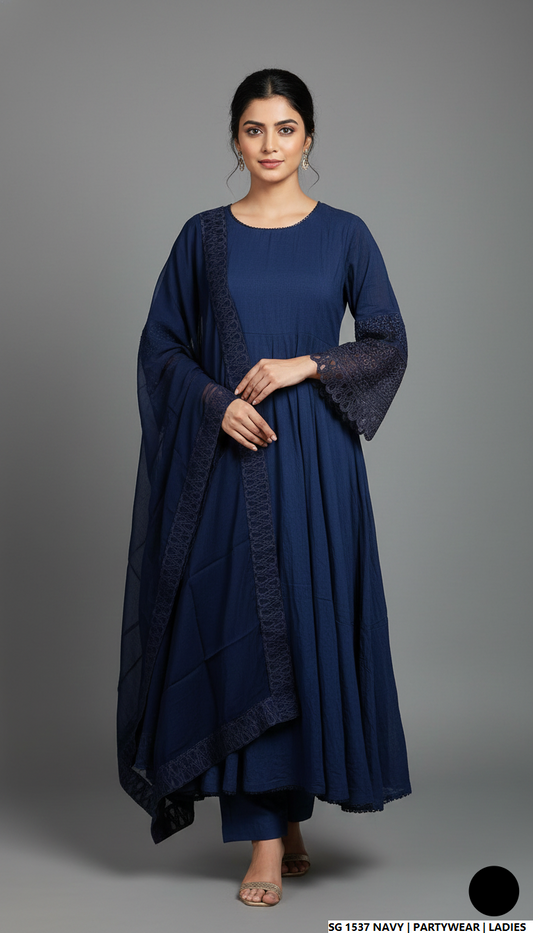 Lawn A-Line shirt navy blue - Pakistani women's casual summer outfit with cotton trouser and lawn dupatta front view
