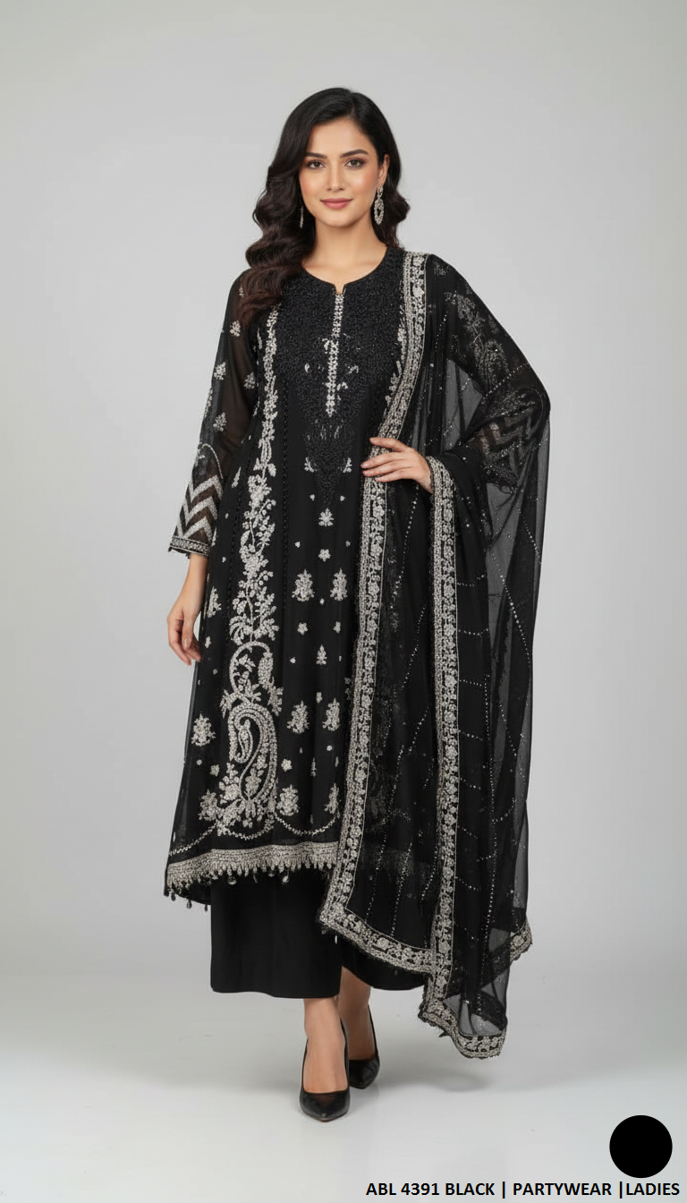 Chiffon straight shirt black - Pakistani women's elegant formal wear with viscose trouser and organza dupatta front view
