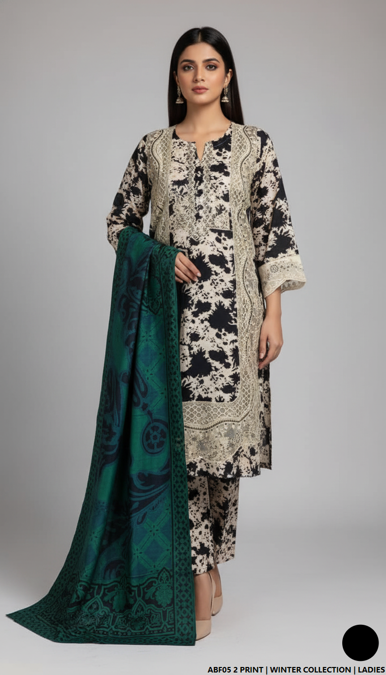 Khaddar printed 2-piece - Pakistani women's casual winter outfit with khaddar trouser and shawl front view