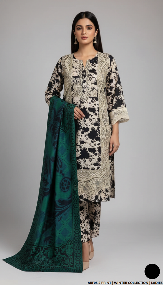 Khaddar printed 2-piece - Pakistani women's casual winter outfit with khaddar trouser and shawl front view