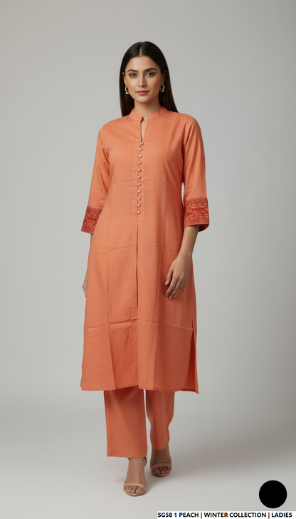 Lawn 2-piece peach - Pakistani women's casual summer outfit with cotton trouser and lawn dupatta front view
