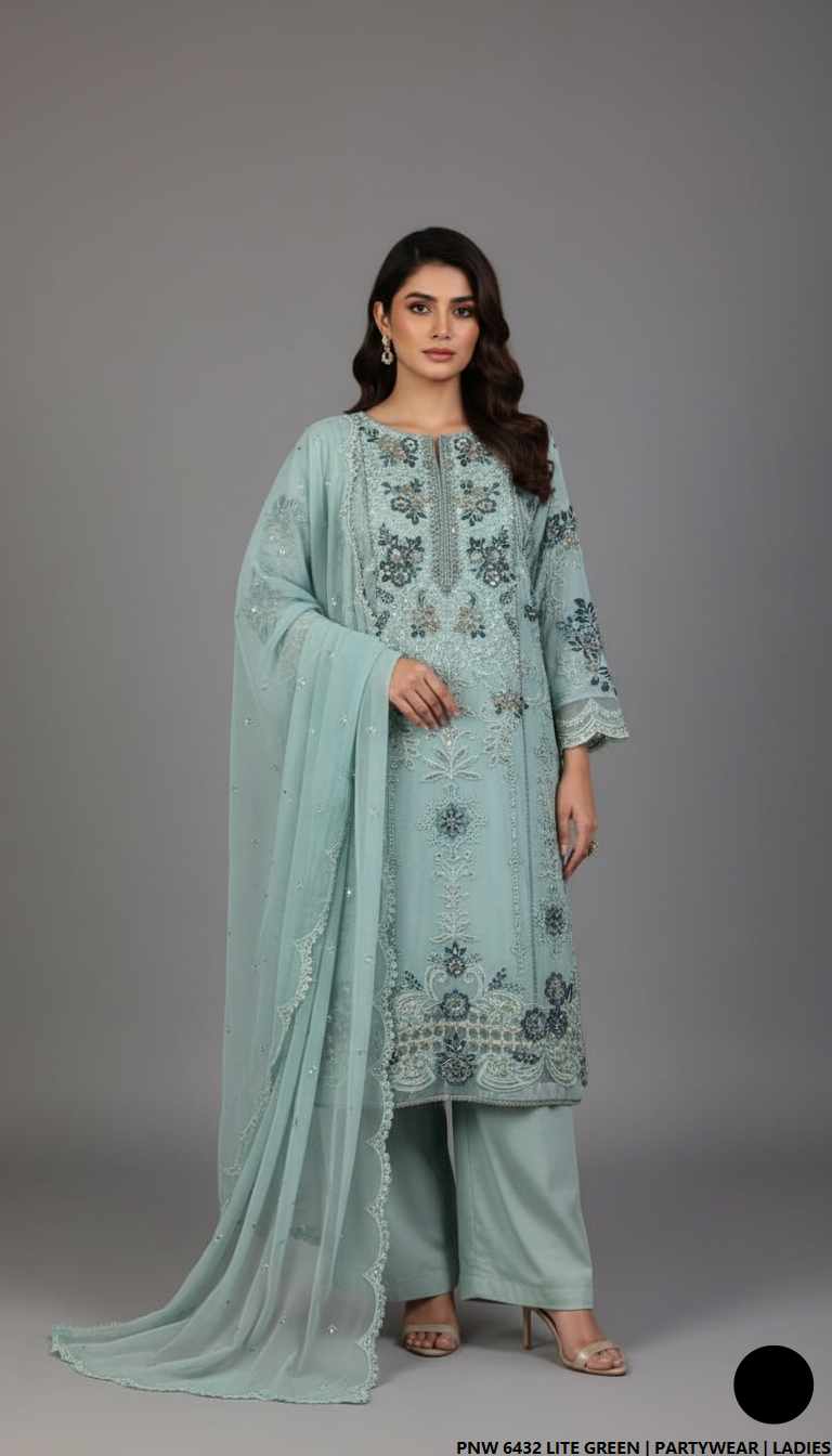 Chiffon straight shirt light green - Pakistani women's elegant party wear with viscose trouser and chiffon dupatta front view