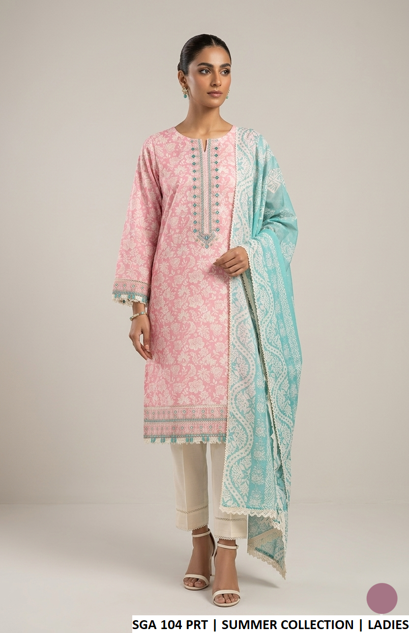Lawn A-Line printed shirt - Pakistani women's casual summer outfit with cotton trouser and lawn dupatta front view