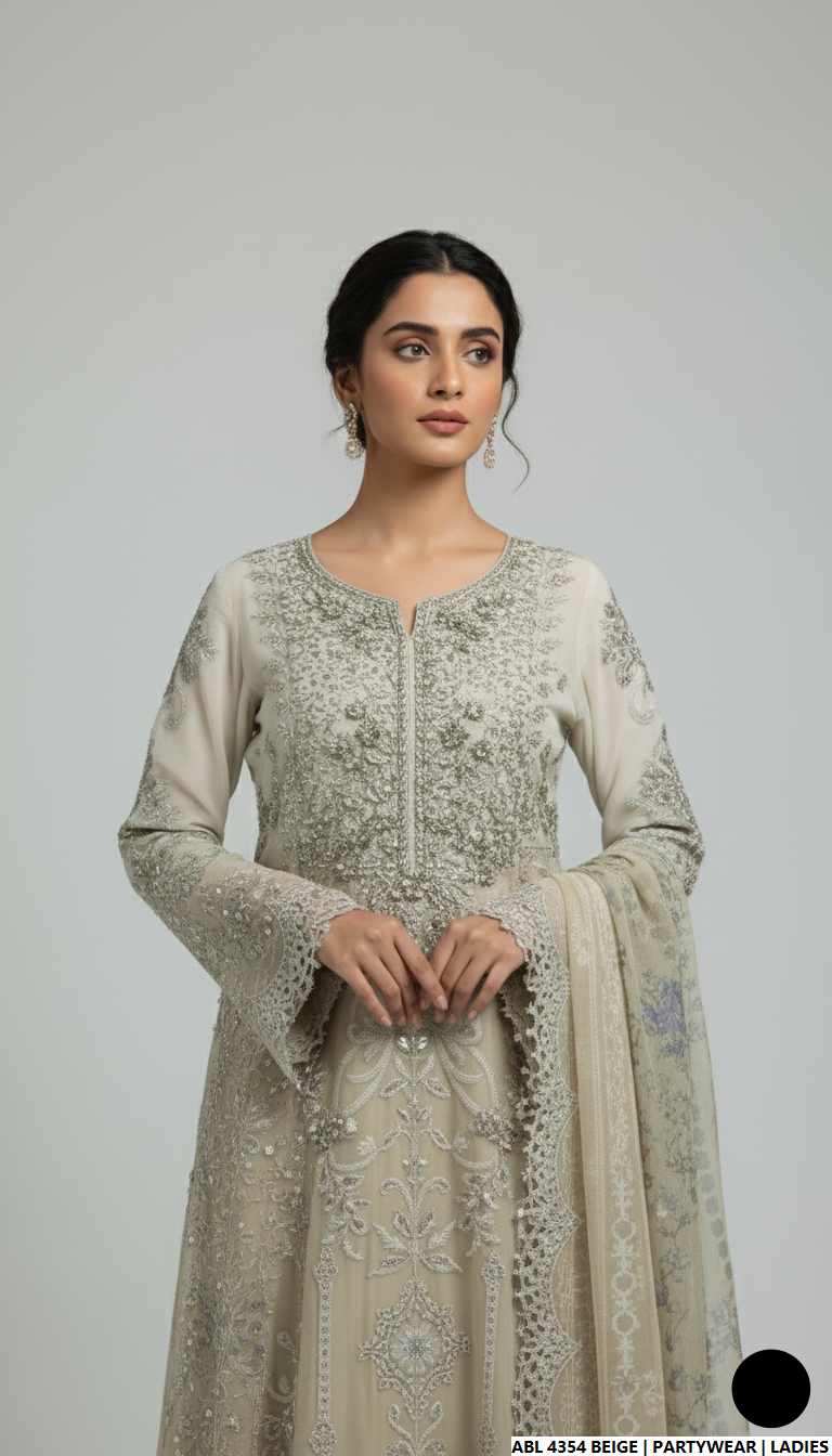 Beige printed organza Pakistani women's straight shirt back view