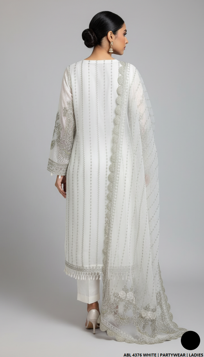 Pakistani women's white chiffon straight shirt back view