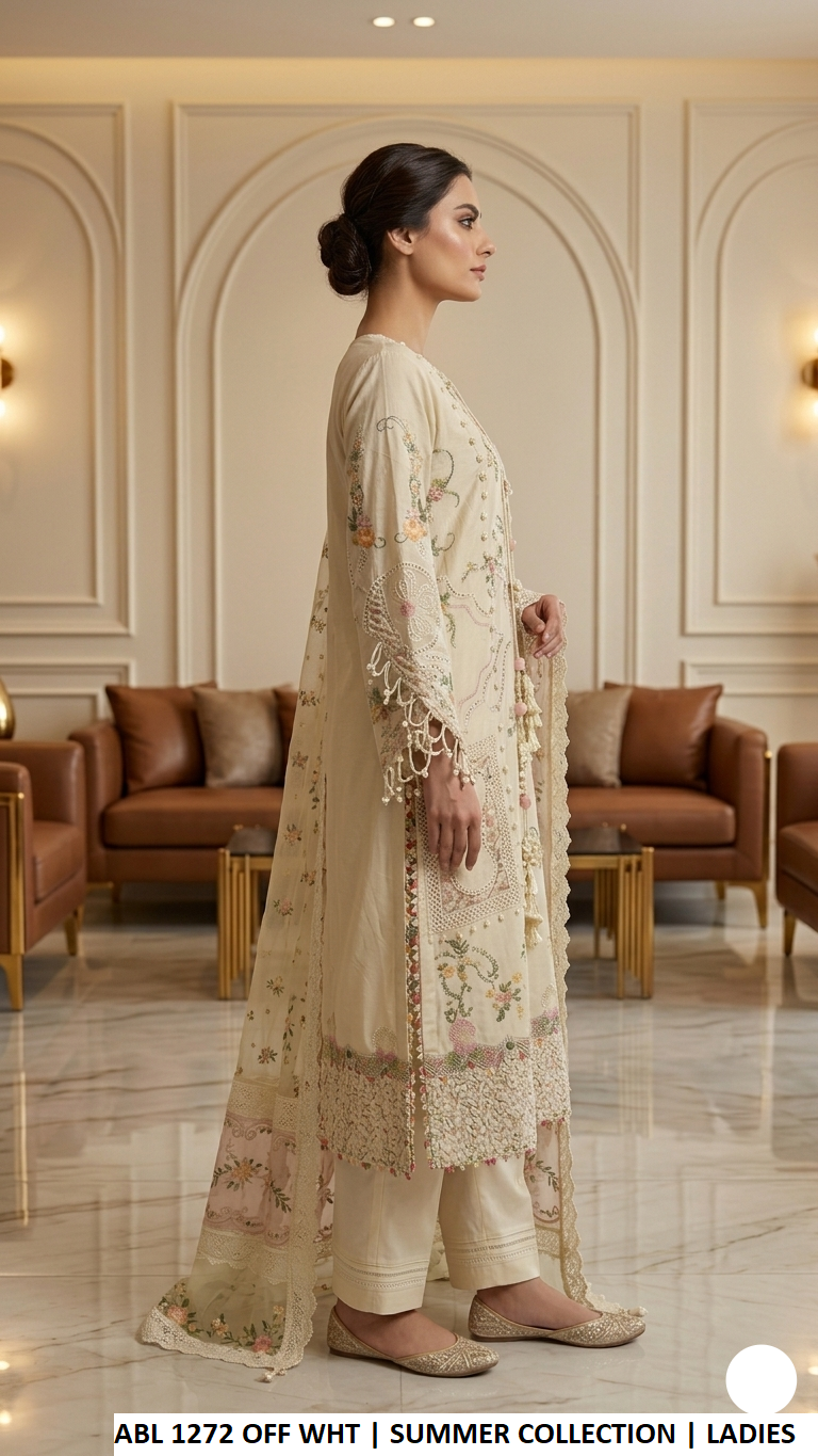 ABL 1272 OFF WHITE - Off White Cotton Straight 3-Piece Women's Pakistani Suit