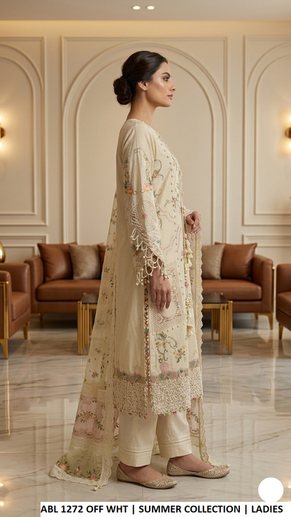 ABL 1272 OFF WHITE - Off White Cotton Straight 3-Piece Women's Pakistani Suit