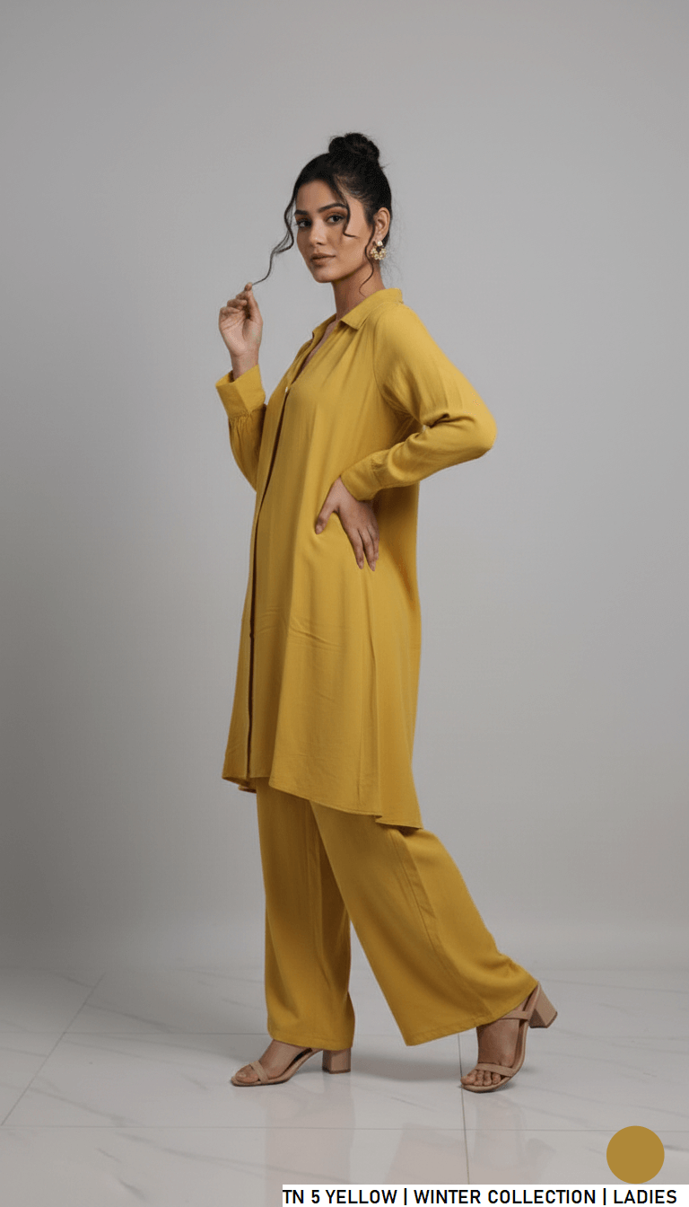 Pakistani women's yellow jacquard short shirt plazo back view