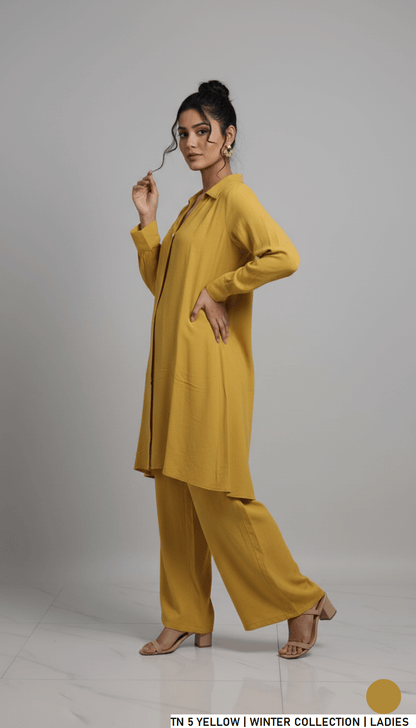 Pakistani women's yellow jacquard short shirt plazo back view