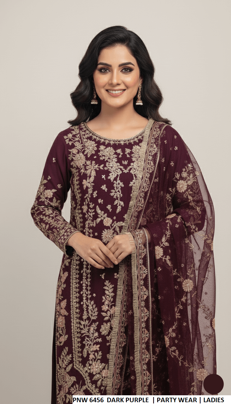 Chiffon straight shirt dark purple - Pakistani women's party wear with viscose trouser and chiffon dupatta front view