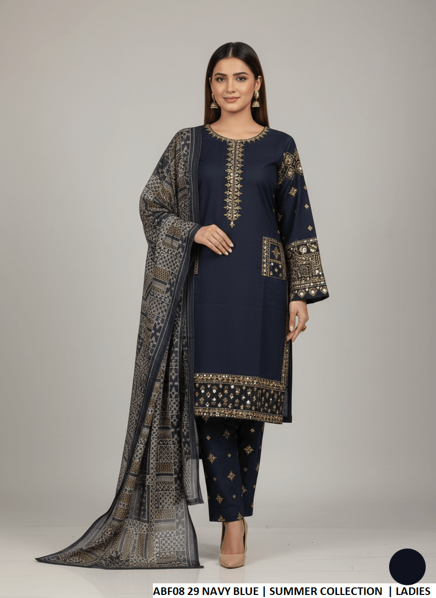 Cotton straight shirt plazo navy blue - Pakistani women's casual outfit with digital print dupatta front view