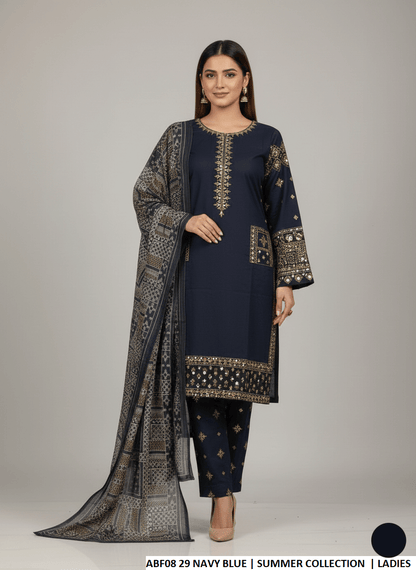 Cotton straight shirt plazo navy blue - Pakistani women's casual outfit with digital print dupatta front view