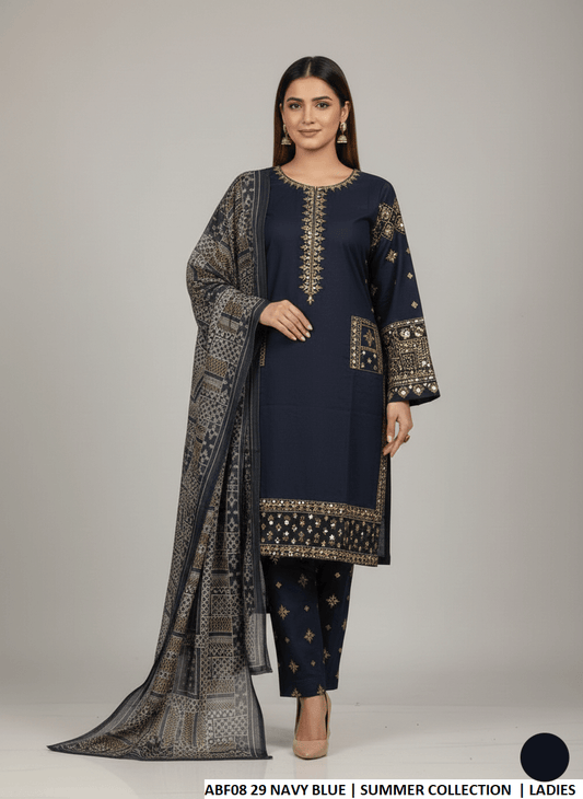 Cotton straight shirt plazo navy blue - Pakistani women's casual outfit with digital print dupatta front view