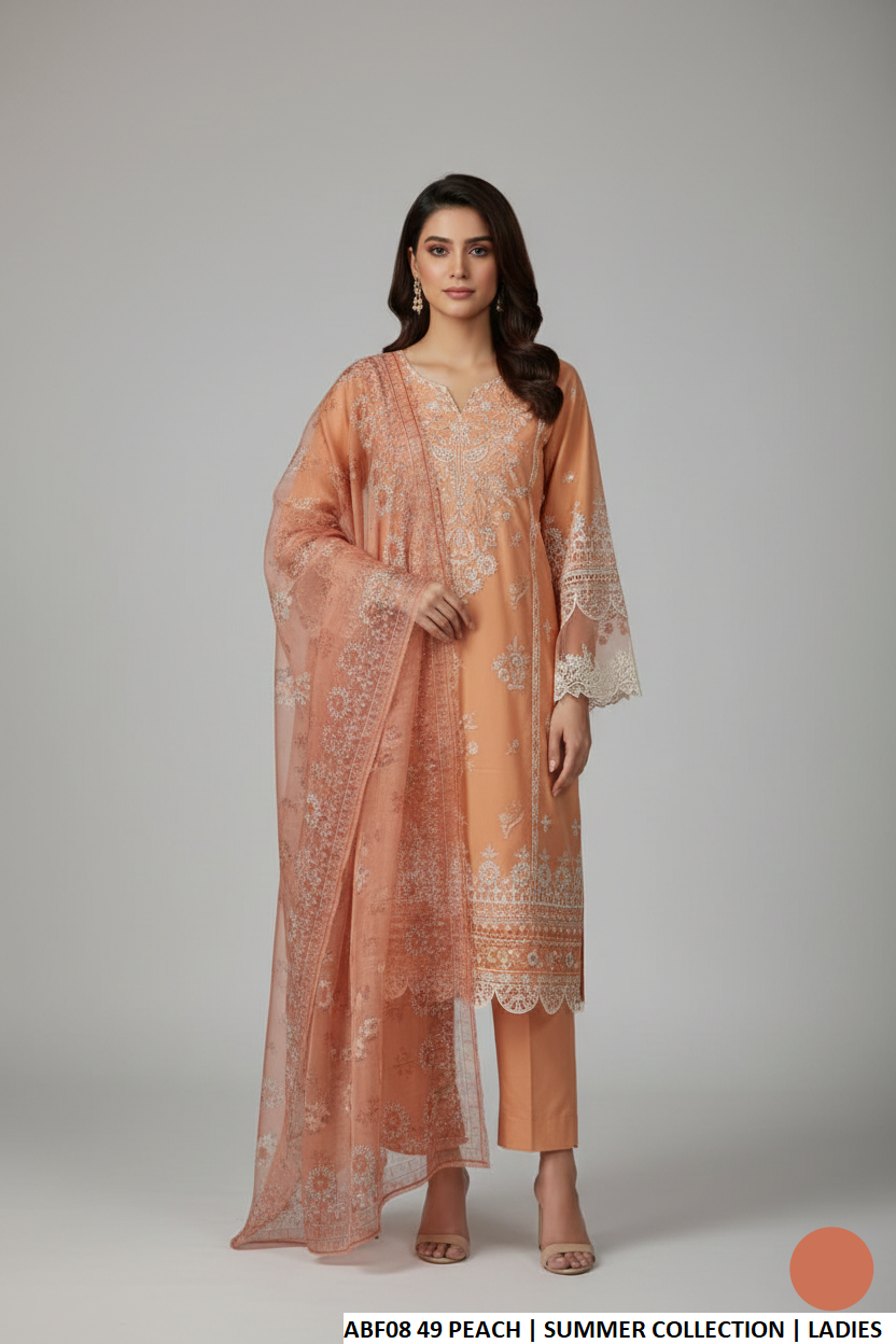 Cotton straight shirt bell bottom trouser peach - Pakistani women's casual outfit with digital print dupatta front view