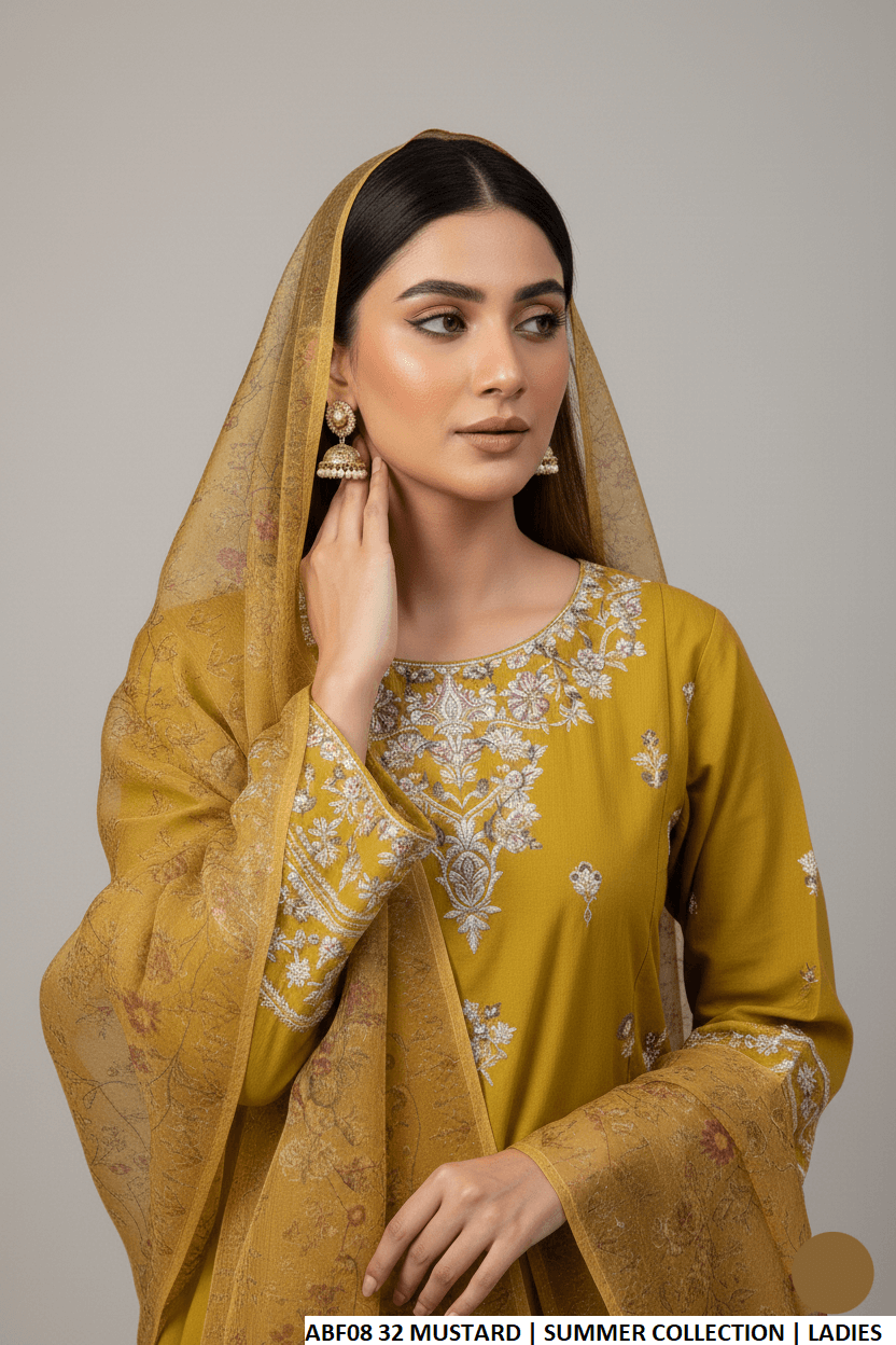 Mustard yellow cotton Pakistani women's straight shirt with farshi shalwar side view