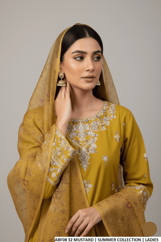 Mustard yellow cotton Pakistani women's straight shirt with farshi shalwar side view