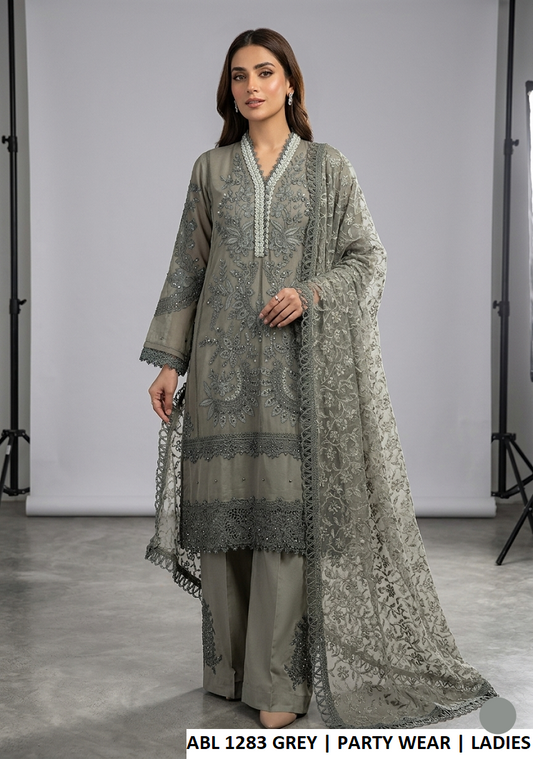 ABL 1283 GRAY - Grey Net Straight Shirt Plazo Set with Soft Net Dupatta | Women's 3-Piece Suit