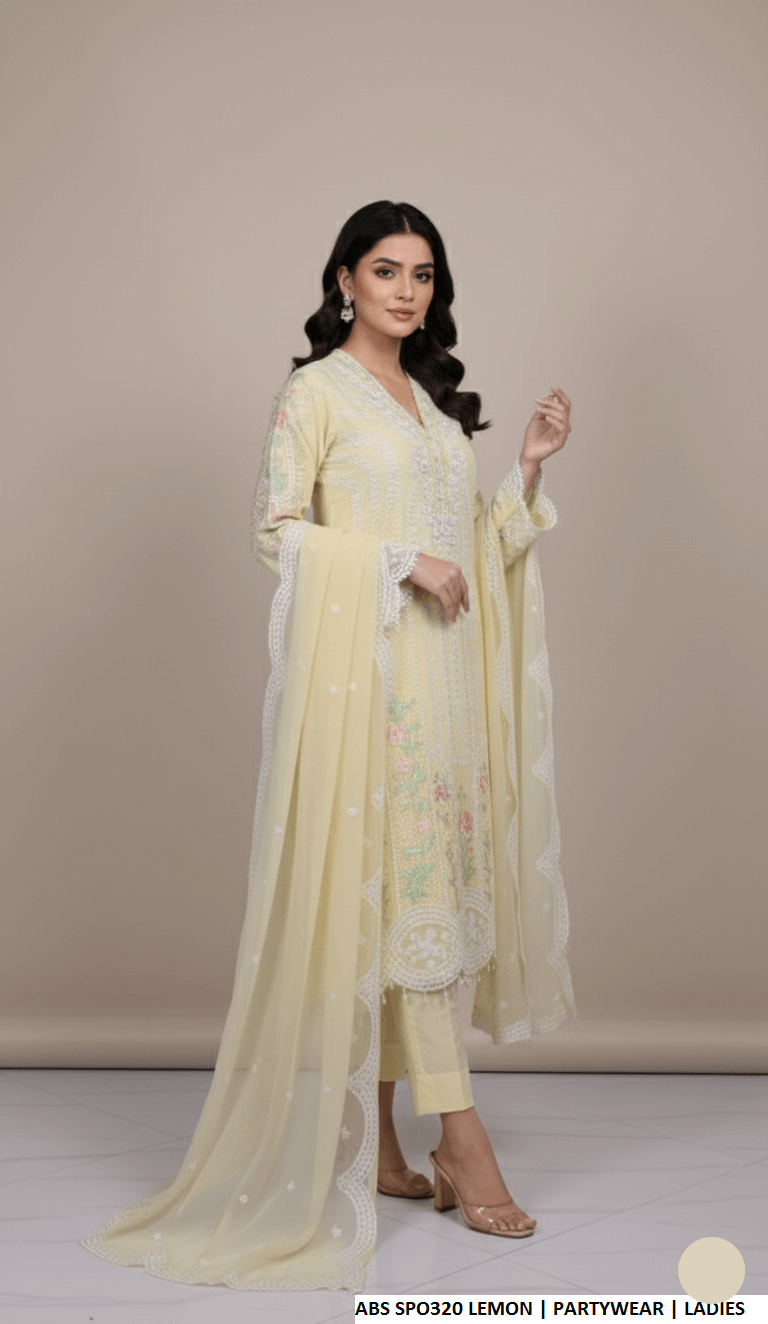 Pakistani women's lemon yellow chiffon straight shirt plazo detail view
