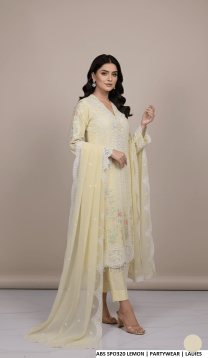 Pakistani women's lemon yellow chiffon straight shirt plazo detail view