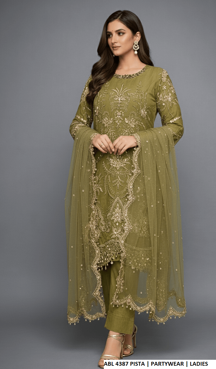 Pakistani women's pista green organza straight shirt back view