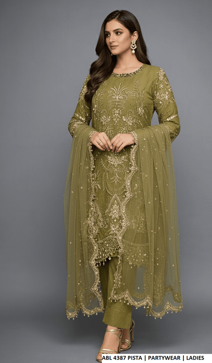 Pakistani women's pista green organza straight shirt back view